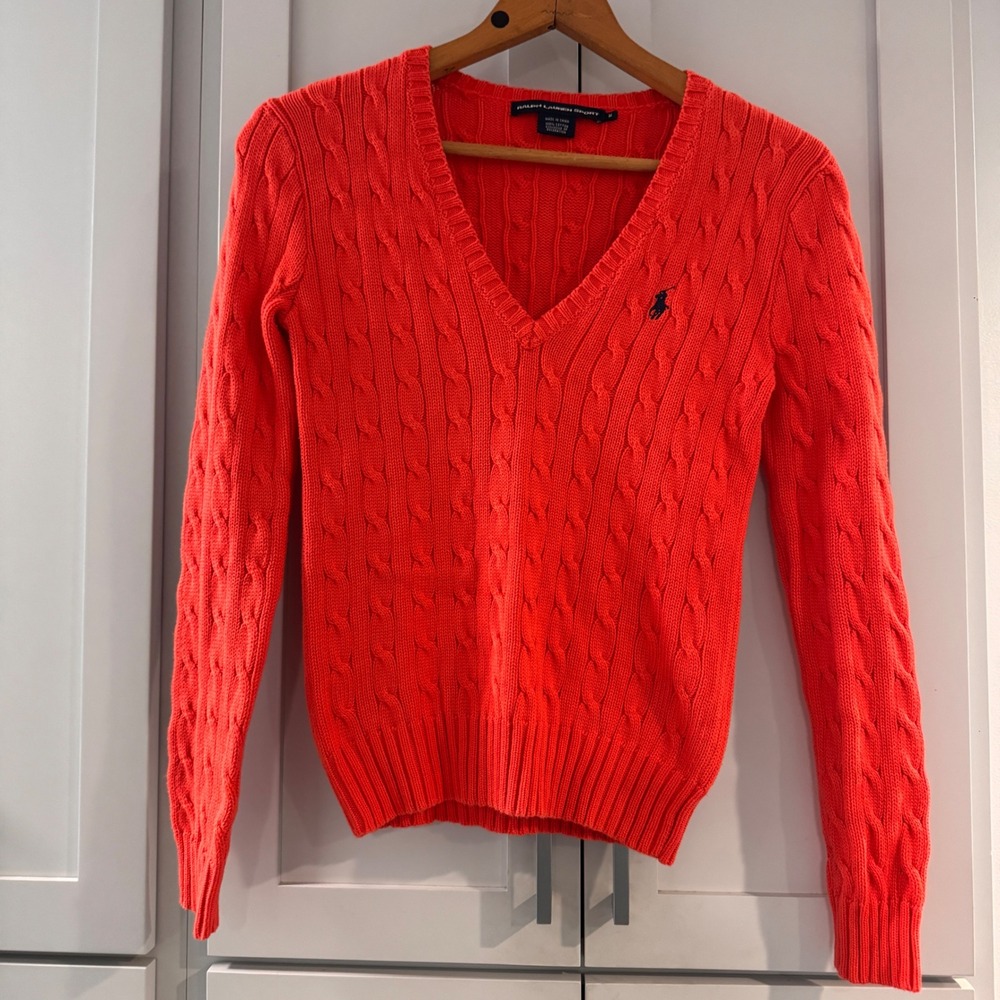 Ralph Lauren Sport Womens Orange-Red Cable Knit V-Neck Cotton Sweater Med Pony